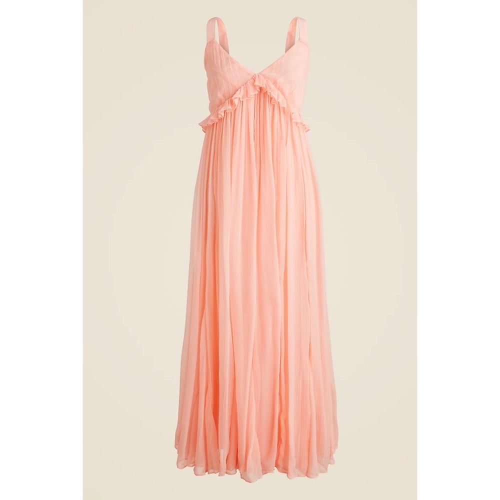 New J.Crew Collection Ruffled Crinkled Chiffon Maxi Dress Peach V-Neck Tie Back